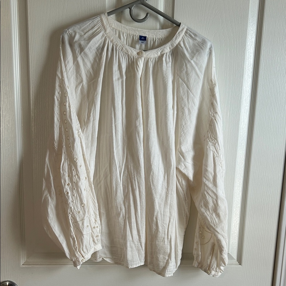 Old Navy Cream Blouse with Embroidered Sleeves